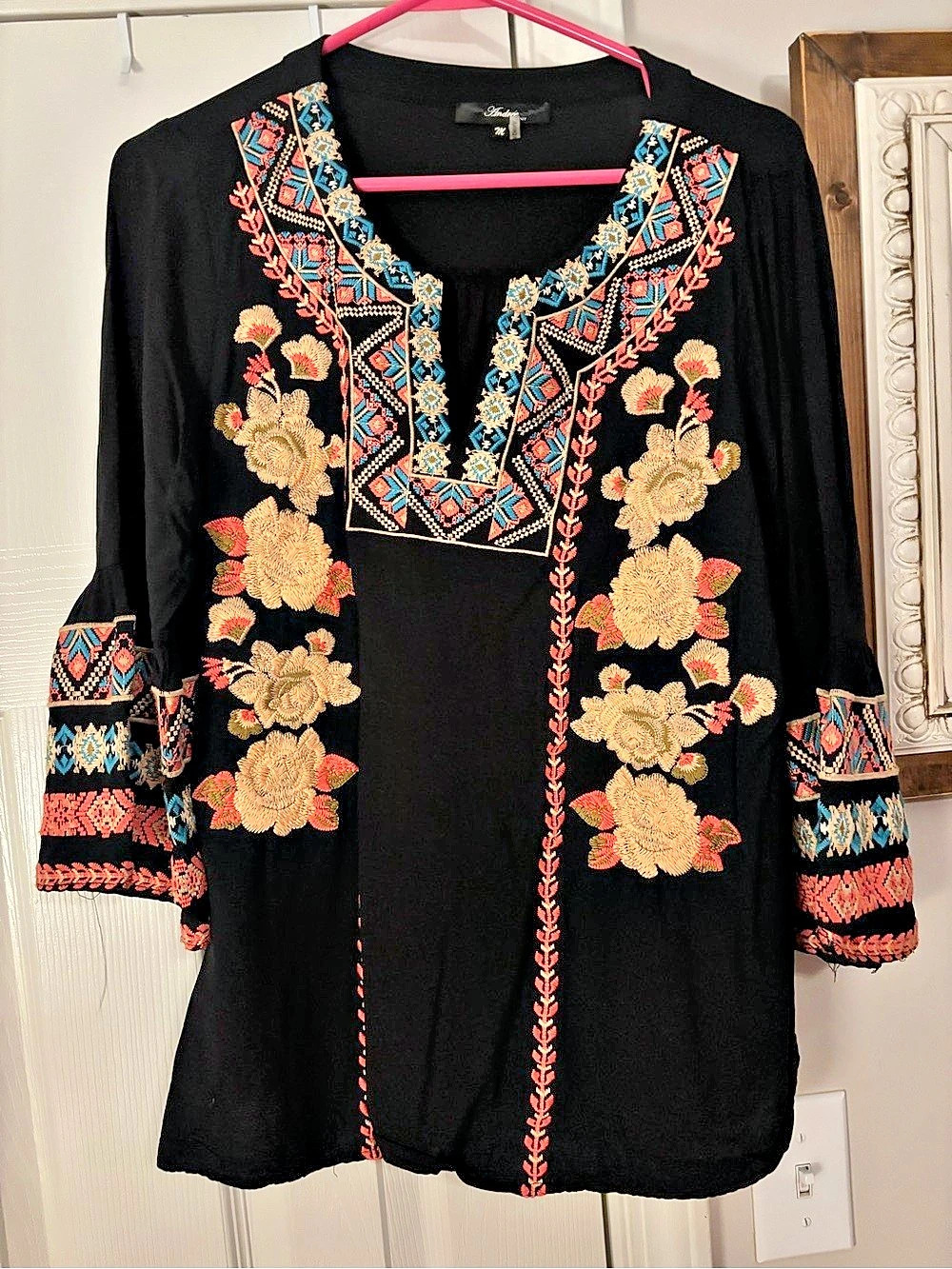 Andrée by Unit Floral Embroidered Bell Sleeve Tunic Top Black & Multicolor